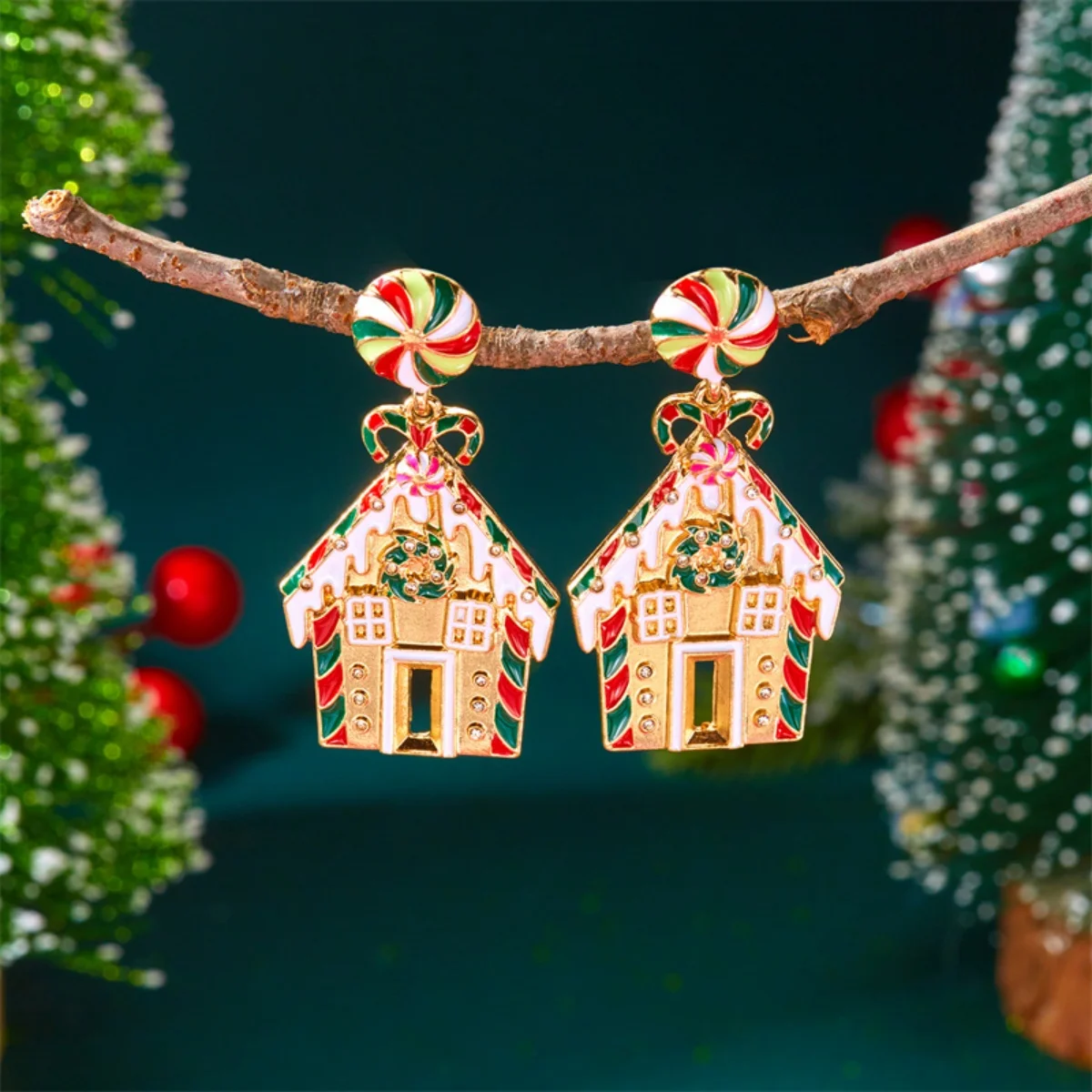 Einzigartige Feiertags-Ohrringe, kreativ, bunt, Emaille, Süßigkeiten-Krücke, Hausform, Tropfen-Ohrring, Weihnachtsschmuck, Geschenke für Frauen und Männer