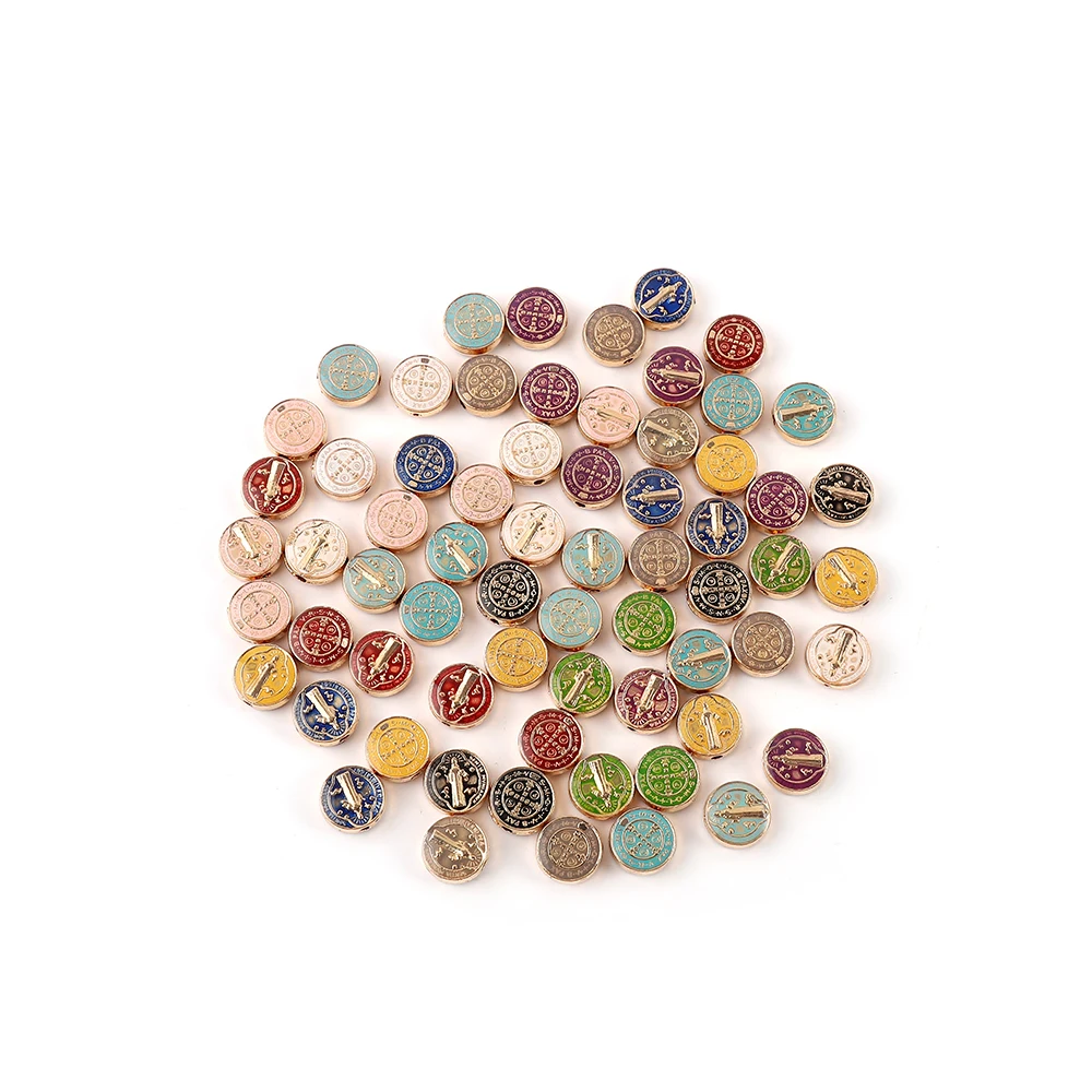 10PcsMulticolor Saint Benedict Medals Religious Catholic Medals Gold Plated Medal Coin San Benito Favors Gifts Samll beads Charm