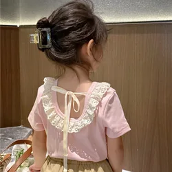 Summer Girls T-shirt With Open Back Lace New Children's Baby Cute Solid Short-sleeved Top Kids Baby Girl Bottoming Tops