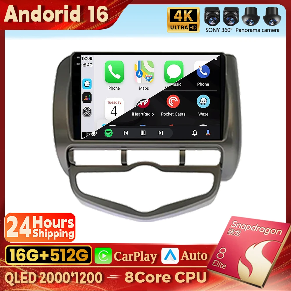 

Android 16 Carplay Auto Qualcomm 2K QLED Screen Car Radio Player For HONDA CITY FIT 2002-2007 GPS Stereo BT Wifi Multimedia DSP