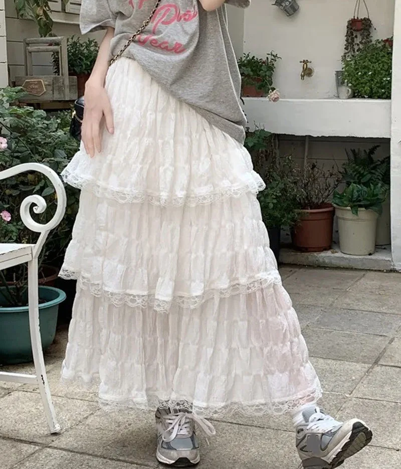 

Goth Lolita Summer High Waist High Low Ruched Ruffle Pleated Skirts Sweet Kawaii White Black Long Skirt Women Crochet Lace Skirt