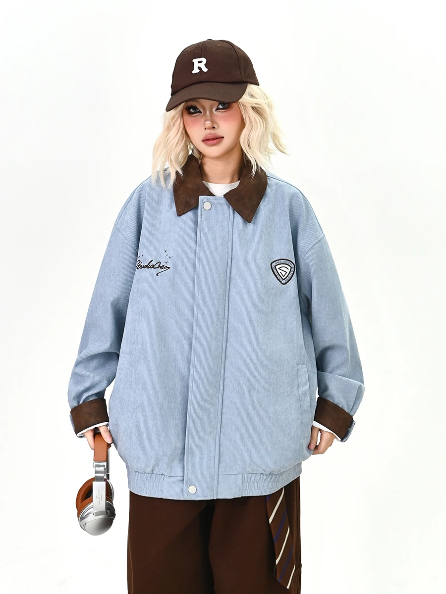 

Casual Loose Women's Jaet with Collar Bae Couple Outerwear Spring 2026 American College Sle Flip-Collar Long Sve Coat