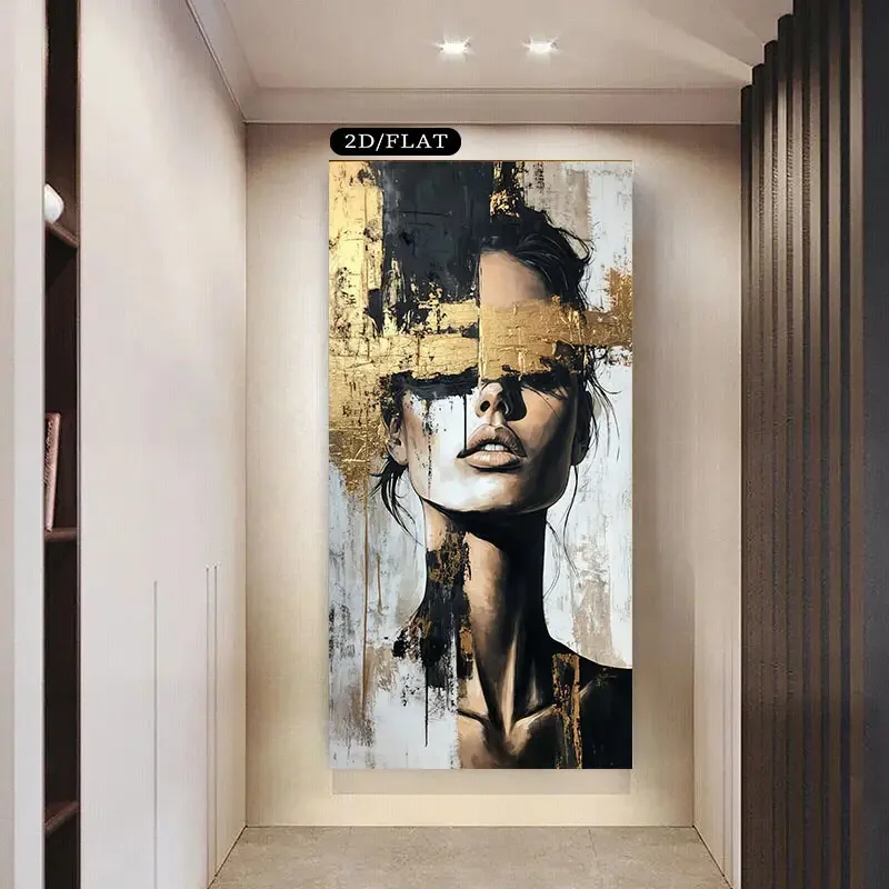 1pc2D Flat Frameless Canvas Extra Large Modern Abstract Female Face Canvas Art- Black and White Golden Frameless Wall Sticker fo - view 3