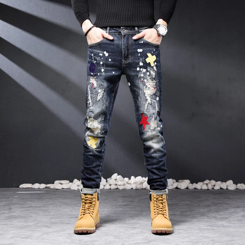 

Street Fashion Men Jeans Retro Dark Blue Elastic Stretch Slim Ripped Jeans Men Embroidery Patched Designer Hip Hop Pants Hombre