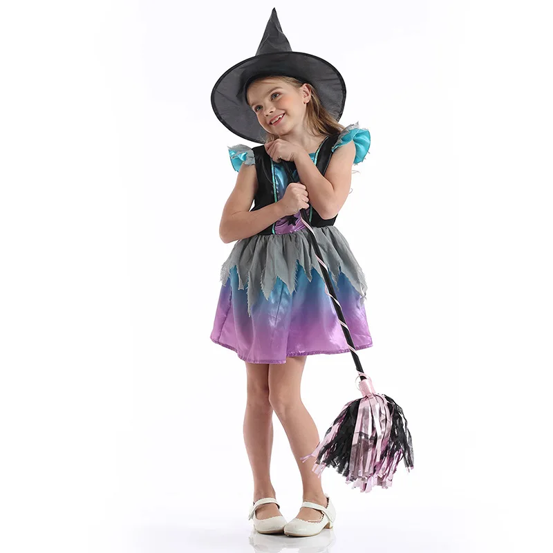 bambini performance strega nera cosplay bel vestito costume magico vestito di Halloween con cappello