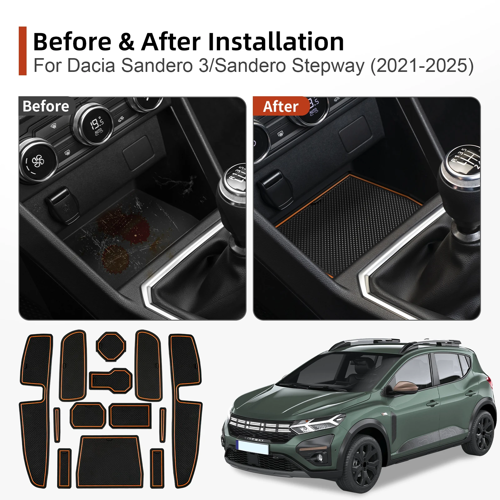 

Для Dacia Sandero 3/Sandero Stepway III 2021-2026: Накладки-коврики в дверные ниши, противоскользящие вкладыши для дверных проемов, аксессуары