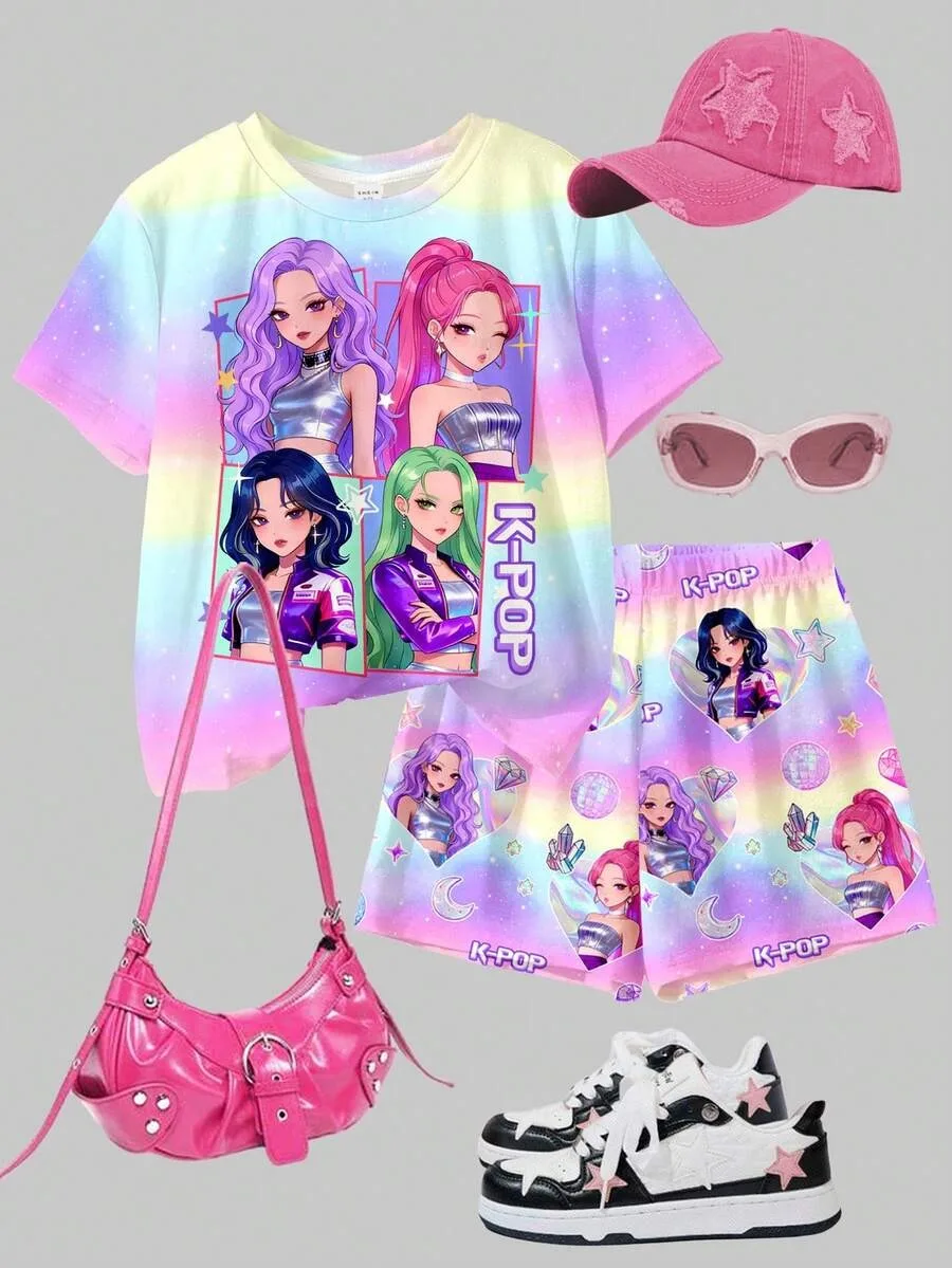 Girls 2Pcs Outfit, Rainbow Gradient Starry Sky K-POP Cartoon Print T-shirt & All Over Print Shorts Set