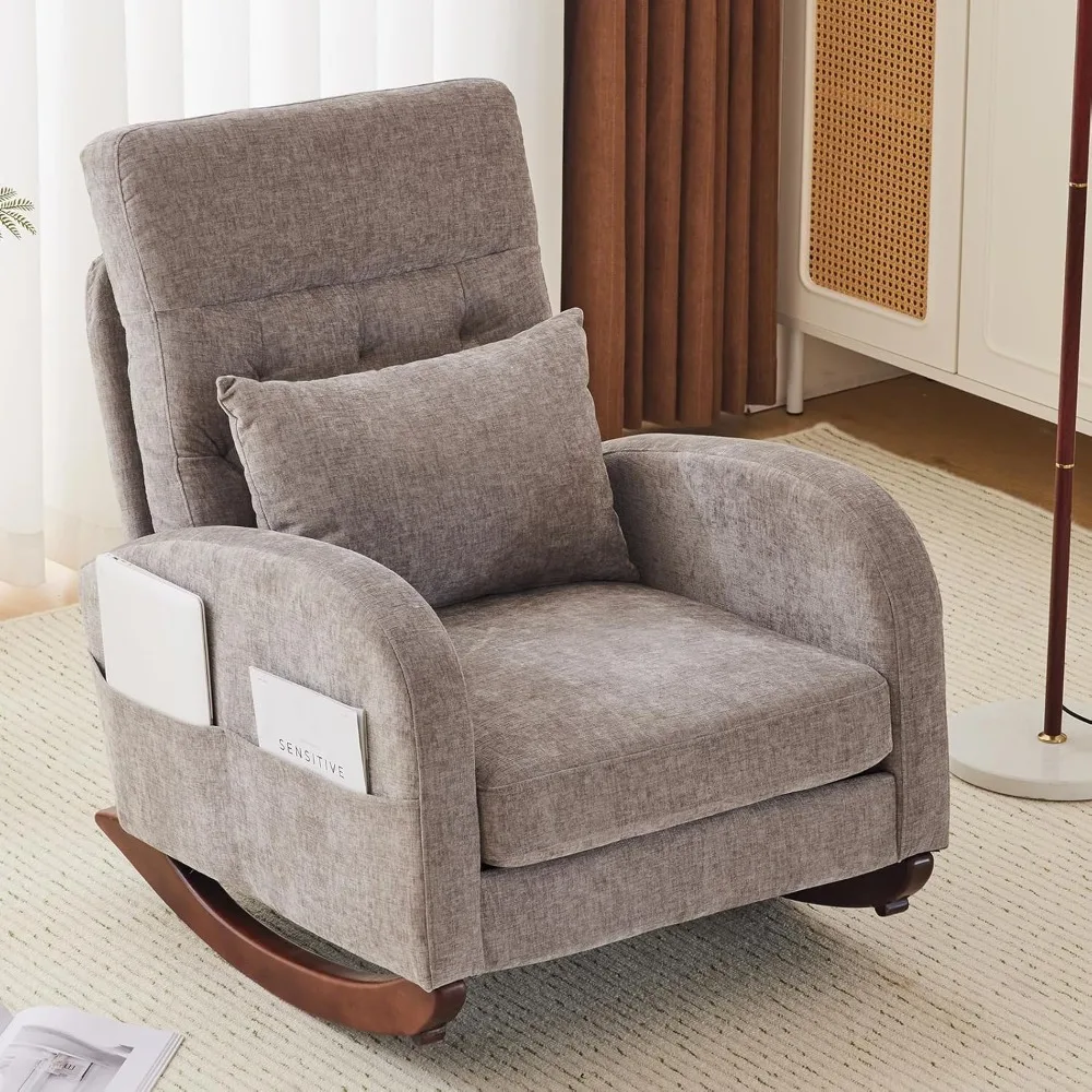 Chenille Low Seat Rocking Chair, Upholstered Nursery Glider Chair with Side Pockets,Accent Arm Chair with High Backrest