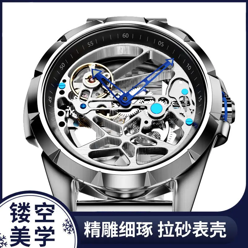 New hollowed out design brand watches MAN Automatic Mechanical watch for men steel strap Tourbillon fashion relogio masculino