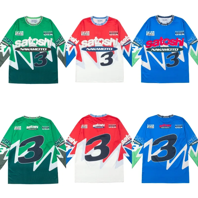 Men Women Trend Retro Hip-hop Street Motorcycle Element Printed Mesh Long Sleeved Satoshi Nakamoto T-shirt