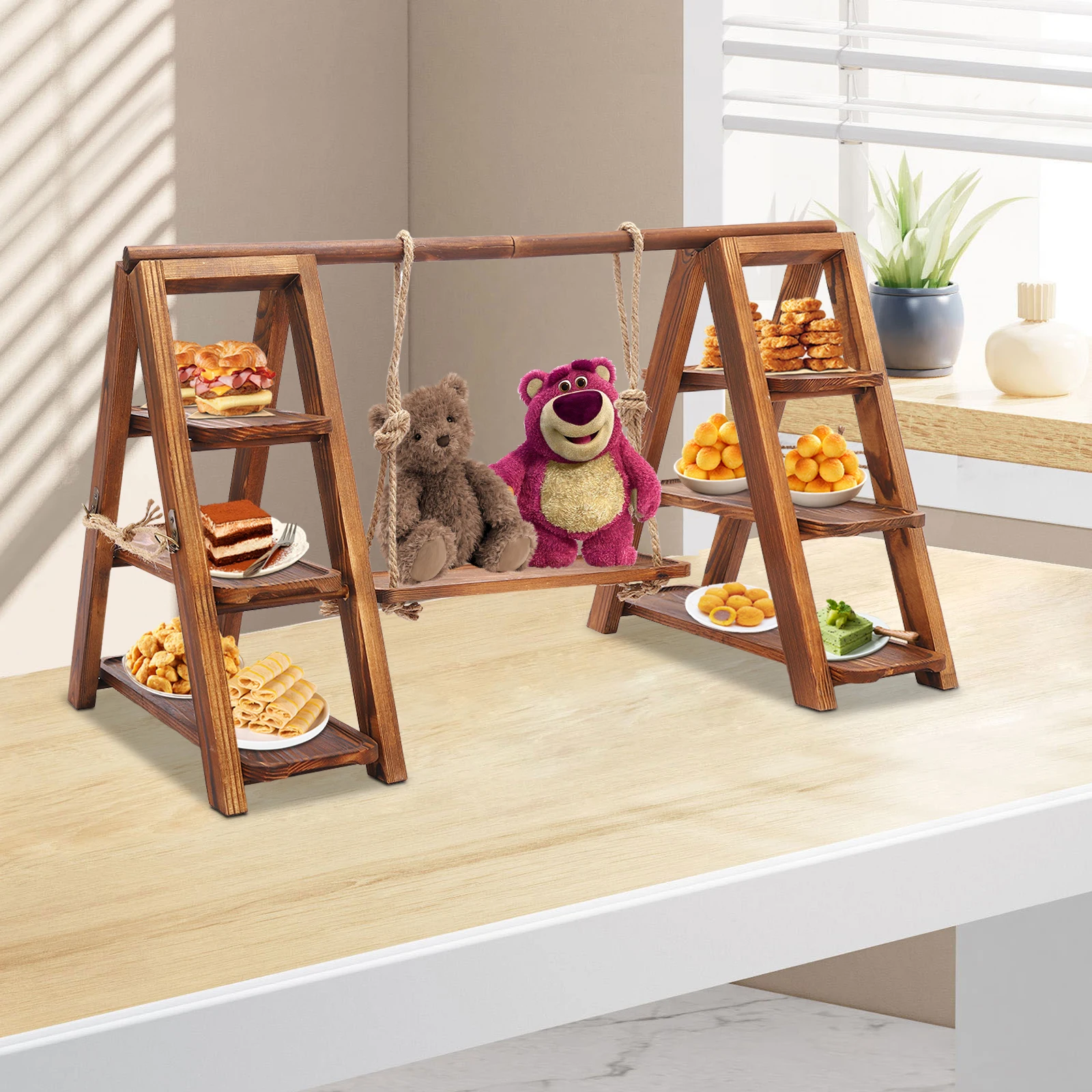 3 الطبقة تخدم صينية صينية تقديم خشبية مجموعة الصحراء الجدول عرض مجموعة كعكة سوينغ حامل عرض خشبي حامل للحلويات كب كيك