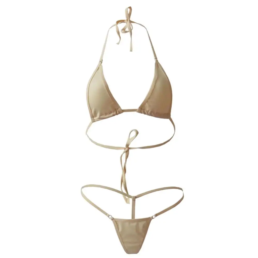 2Pcs Lady Sexy Solid Color Halter Mini Bra G-String Bikini Set Swimwear Swimsuit