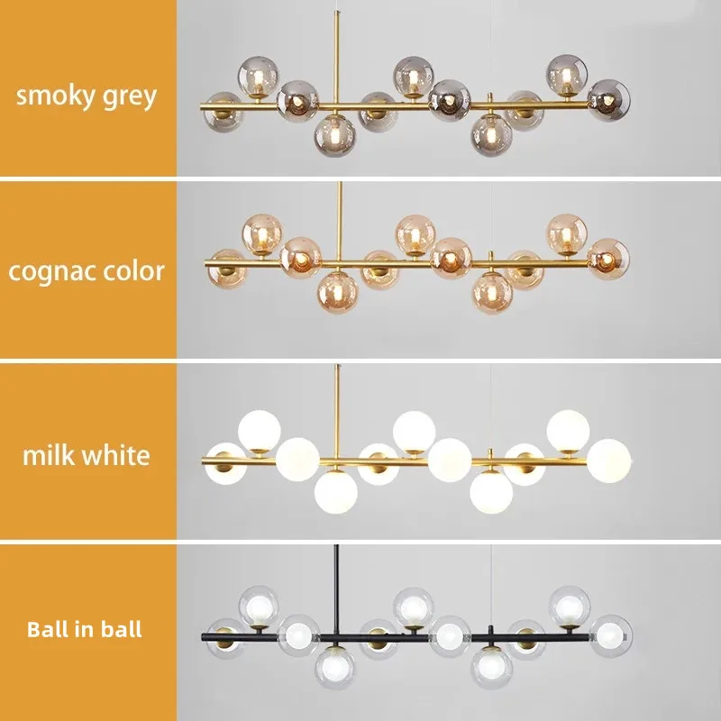 Nordic Minimalist Designer Modern Magic Bean Long Glass Ball Led Chandelier Bar Dining Table Kitchen Living Room Home Decoration