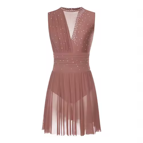 Women Ruched Ballet Lyrical Dancing Dress Round Collar Sleeveless Rhinestone Backless Dress for Stage Performance Competition - Image 8