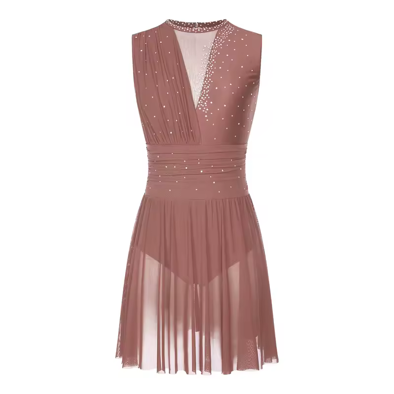 Women Ruched Ballet Lyrical Dancing Dress Round Collar Sleeveless Rhinestone Backless Dress for Stage Performance Competition - Image 8