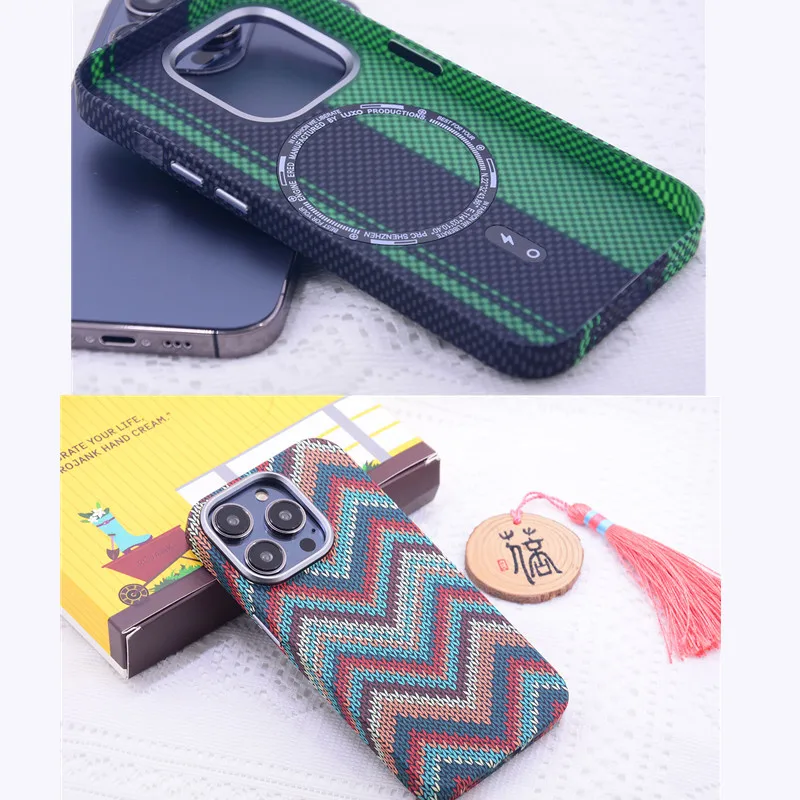 For iPhone 14 13 15 Pro Max Magnetic Wireless Charge For Magsafe Case Bohemia Patterned woven Hard pc+Metal Back Case Slim Cover