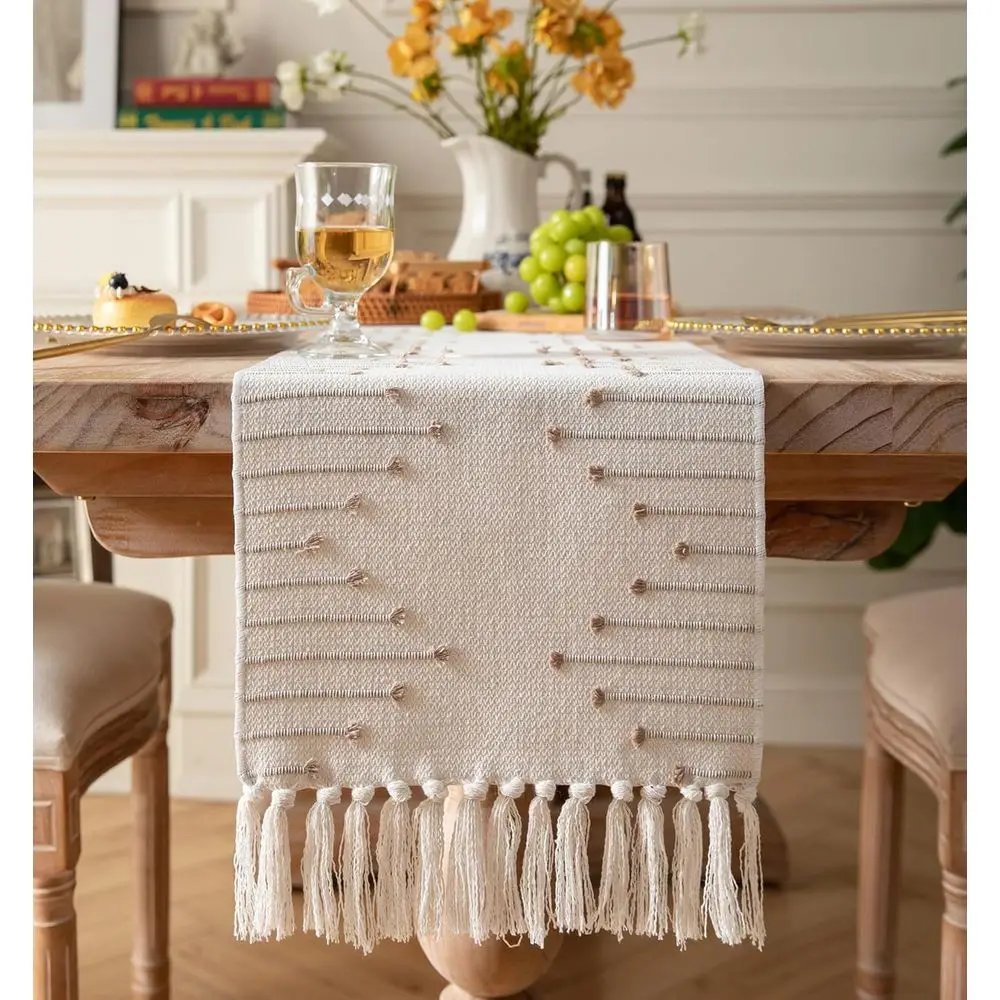 

Натуральная хлопковая тканая дорожка на стол с кисточками, 13x90 дюймов, цвета тауп и беж, для декора домашнего обеденного или кофейного стола