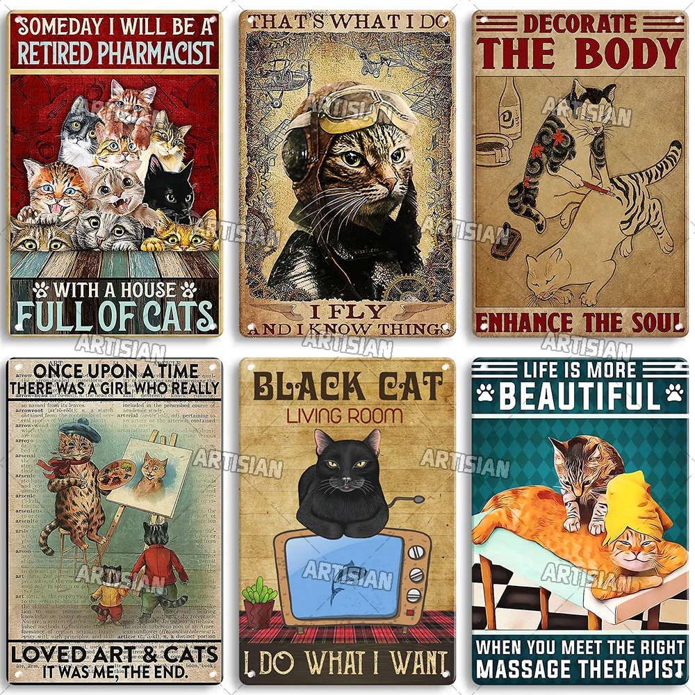 Affiche en métal rétro chat noir Él, animal de compagnie drôle, décoration vintage, 18 panneaux, garage, bar, pub, club, cuisine, maison, homme,