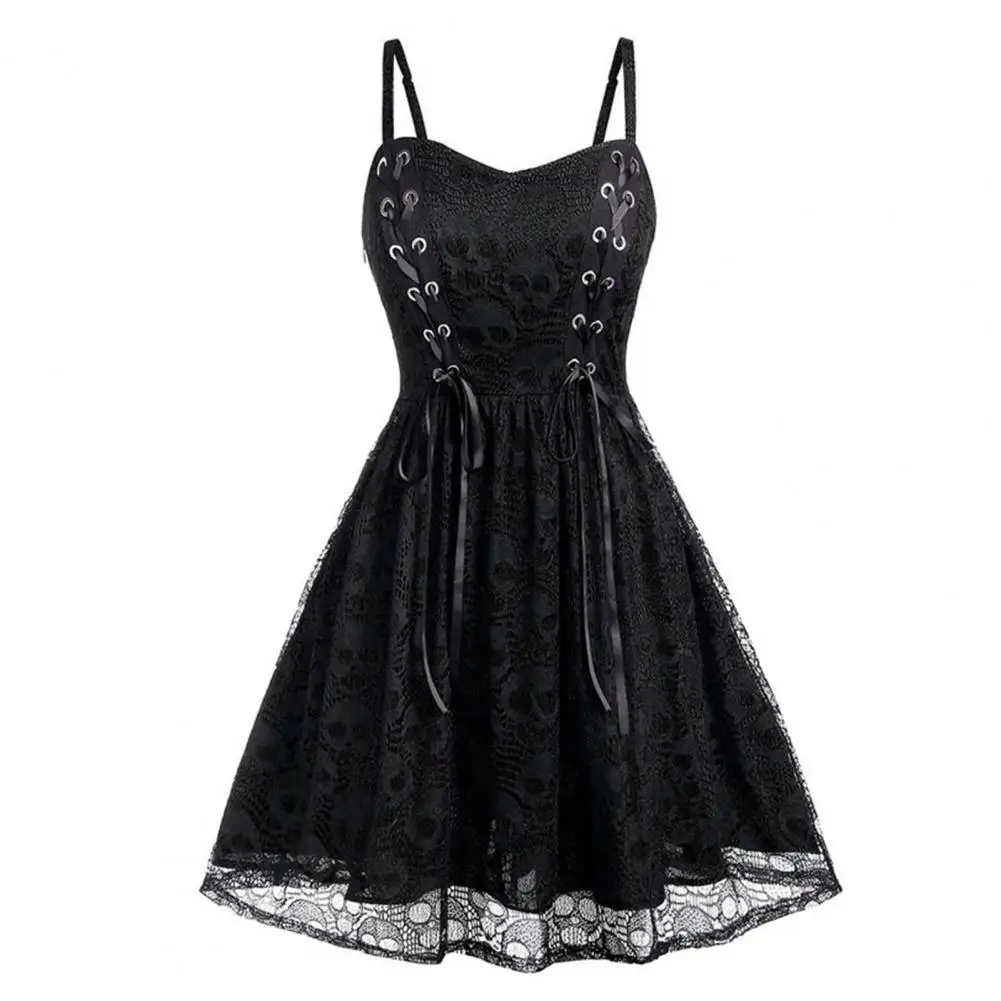 Medieval  Dress Punk Rock Style Lace Mesh Strap Splice Mini Dress Women Spaghetti Strap Skull Print Sleeveless Halloween Dress