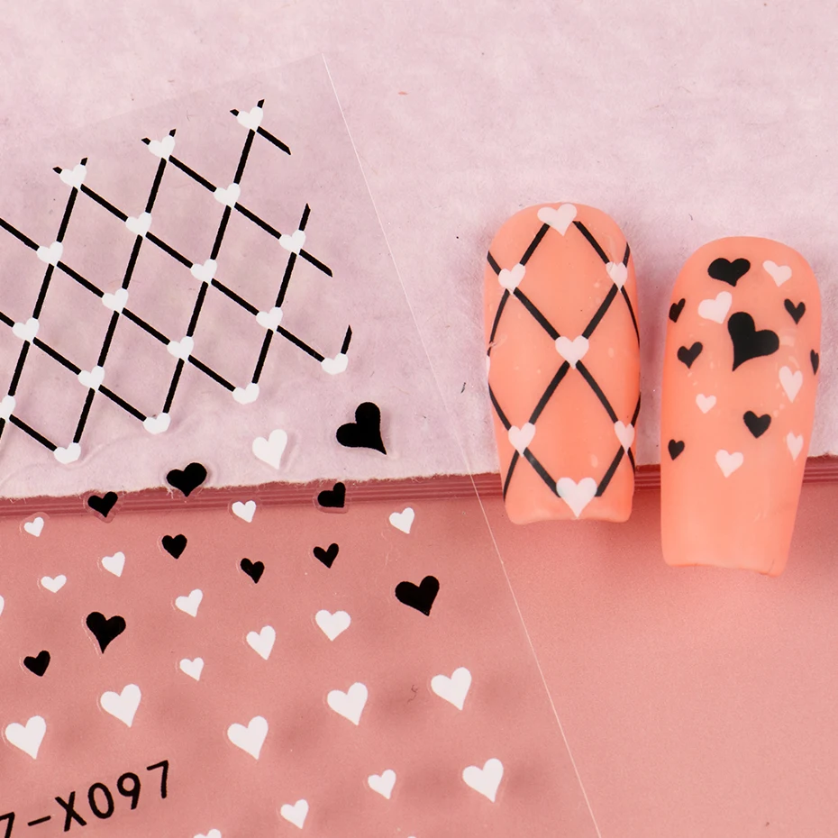 2/3개 블랙 화이트 러브 하트 네일 스티커 데칼 그리드 라인 프렌치 팁 발렌타인 네일 아트 데칼 슬라이더 포일 매니큐어 장식