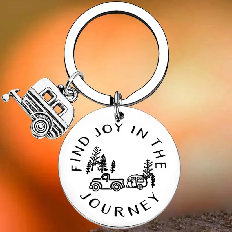 

Hot Journey Camper Key Chain Ring Happy Camper RV Trailer keychains pendant Coworker Vacation Traveling Gift Camping Lover Gift