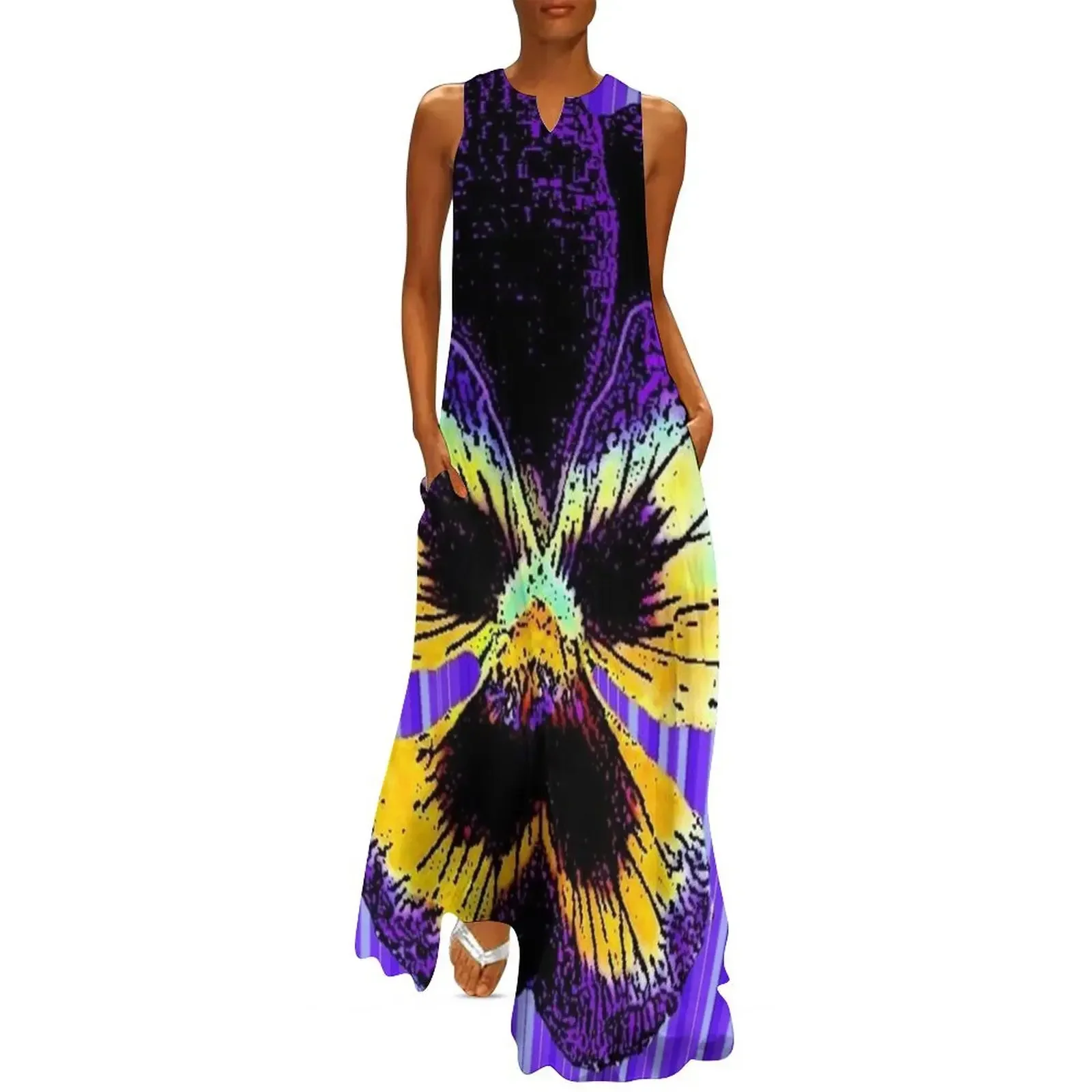 

PURPLE & YELLOW PANSY ON PURPLE Long Dress prom dresses summer dresses women 2025 Aesthetic clothing summer dress daily Dress