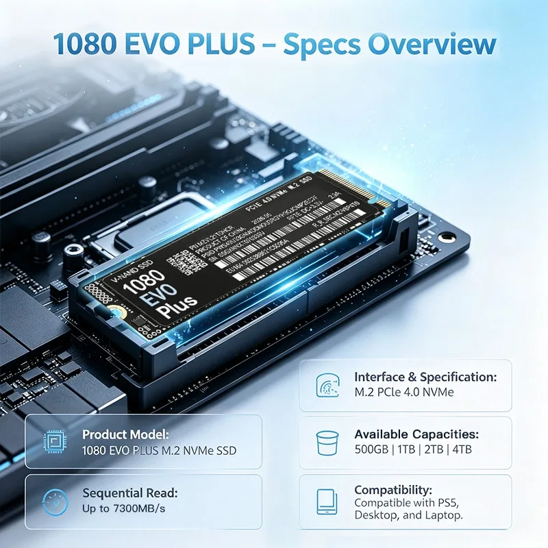 Original NEW 1080 EVO Plus M.2 NVMe PCIe 4.0 SSD, High Speed 7300MB/s Internal Solid State Disk for Gaming Laptop Desktop PC