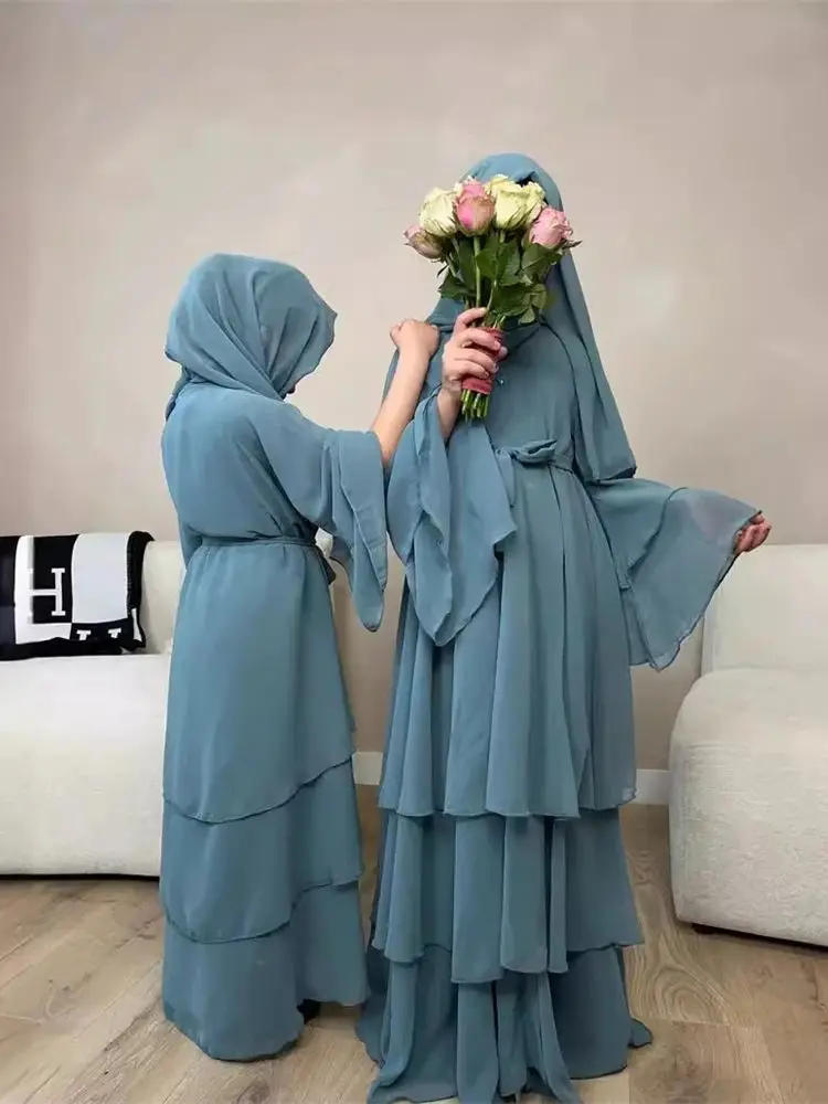 Summer Modest Kaftan Hijab Dresses For Women Kids Open Chiffon Khimar Kimono Abaya Dubai Luxury Muslim Sets Islam Kebaya Damen