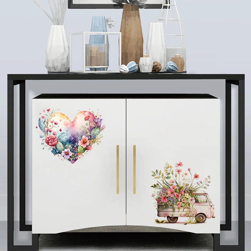 T304# Pink Van Pink Floral  Wall Sticker Bathroom Toilet Decor Living Room Cabinet Refrigerator Decals