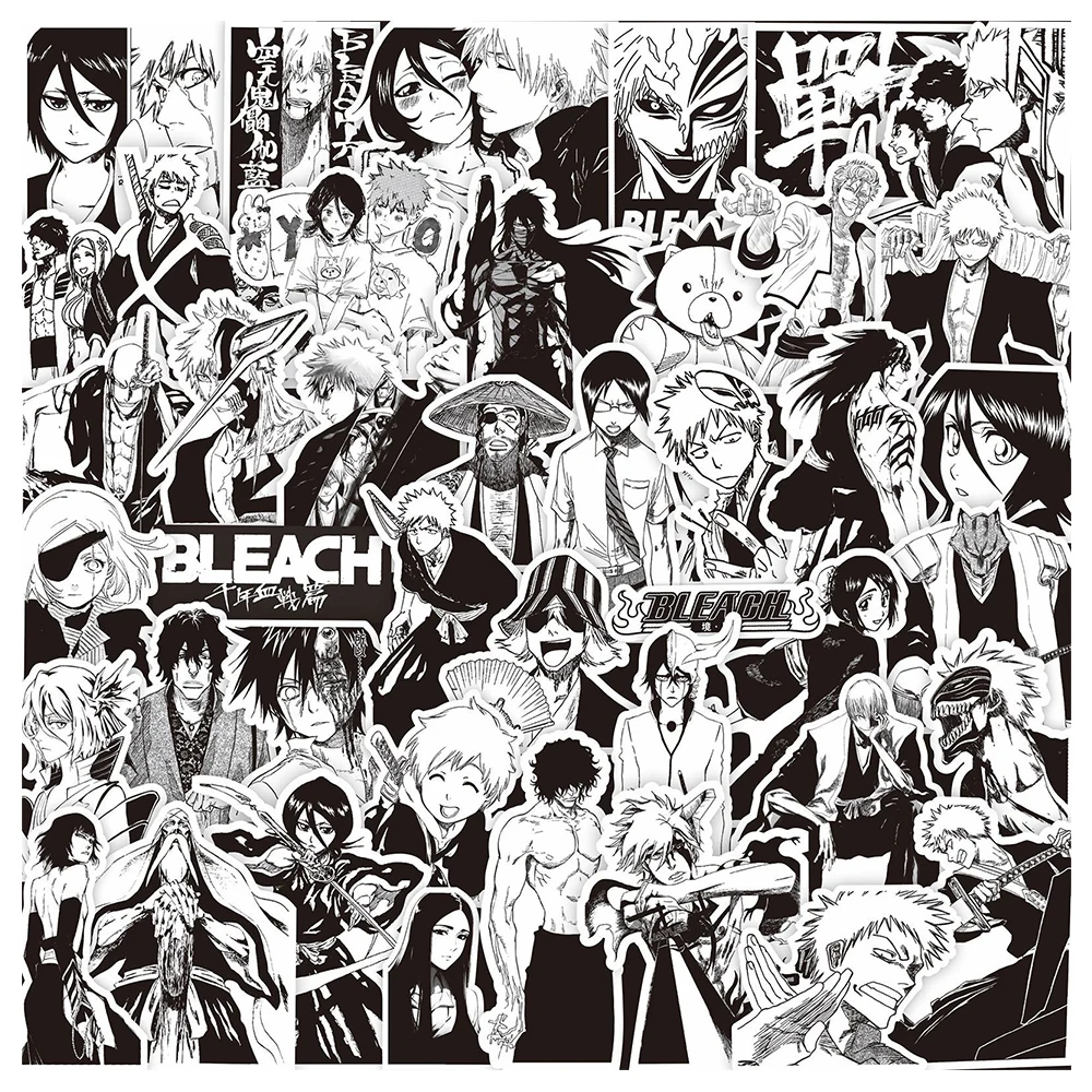 BLEACH-Adesivos clássicos do anime, Cool preto e branco Graffiti adesivo, caixa do telefone, caderno, laptop, decalques dos desenhos animados, decoração, 10 pcs, 30 pcs, 75pcs