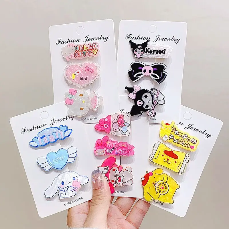 3Pcs/Set Kawaii Cinnamoroll Kuromi My Melody Cartoon Duckbill Clip Simple Hair Accessories Girl Heart Hair Card Gift