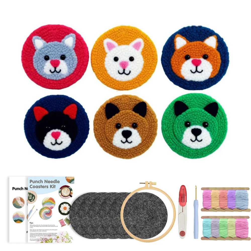 

GATYZTORY 6 Pcs Cartoon Patterns Punch Needle Embroidery Pack for Adults Punch Needle Coaster Kit DIY Tableware Coasters Set