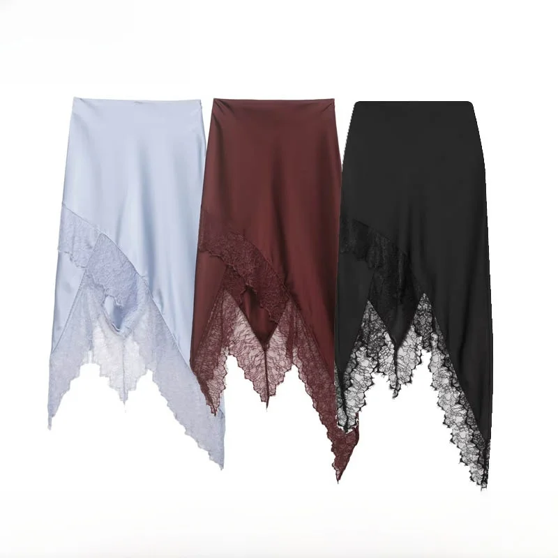 

Fashionable Lace Patchwork Asymmetrical High Waist Midi Skirt Women's Spring Summer New Arrival Irregular Skirt Polyester Fiber