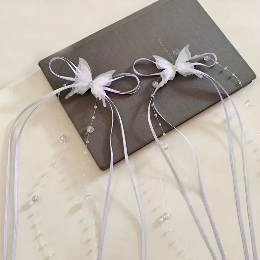 1PC Bowknot Ribbon Butterfly Hair Clips Glass Beaded Y2K Style Long Tassels Hairpins Rhinestone Ponytail Headdress Women - view 5