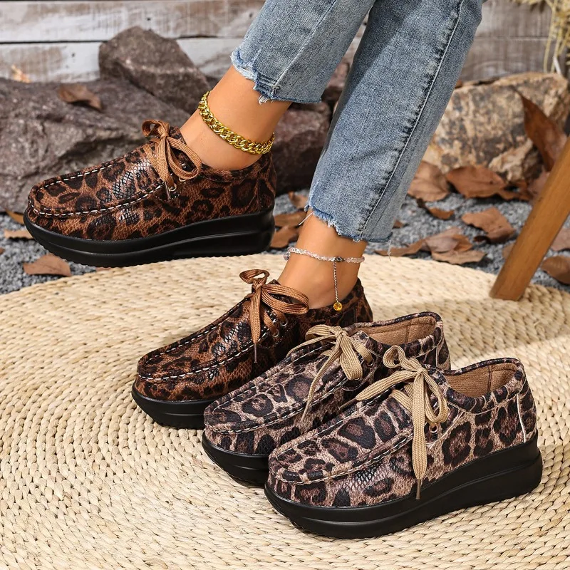 

Hot Seller 36-43 Large Leopard Pattern Shallow Mouth Lace Thick Bottom Printed Fashion Casual Sponge Cake Shoes Single Shoes