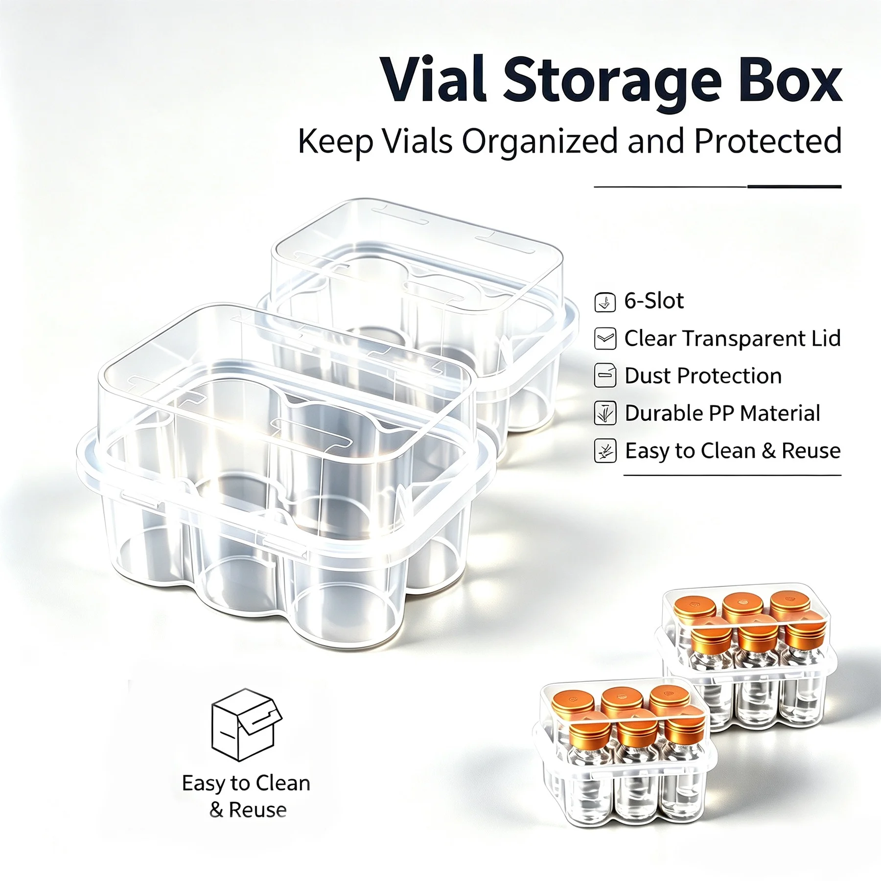 15/10/5 Packs 6 Slots Clear Plastic Vial Storage Box Dustproof Organizer Case for 3ml Peptide Injection Vials Transparent Medica