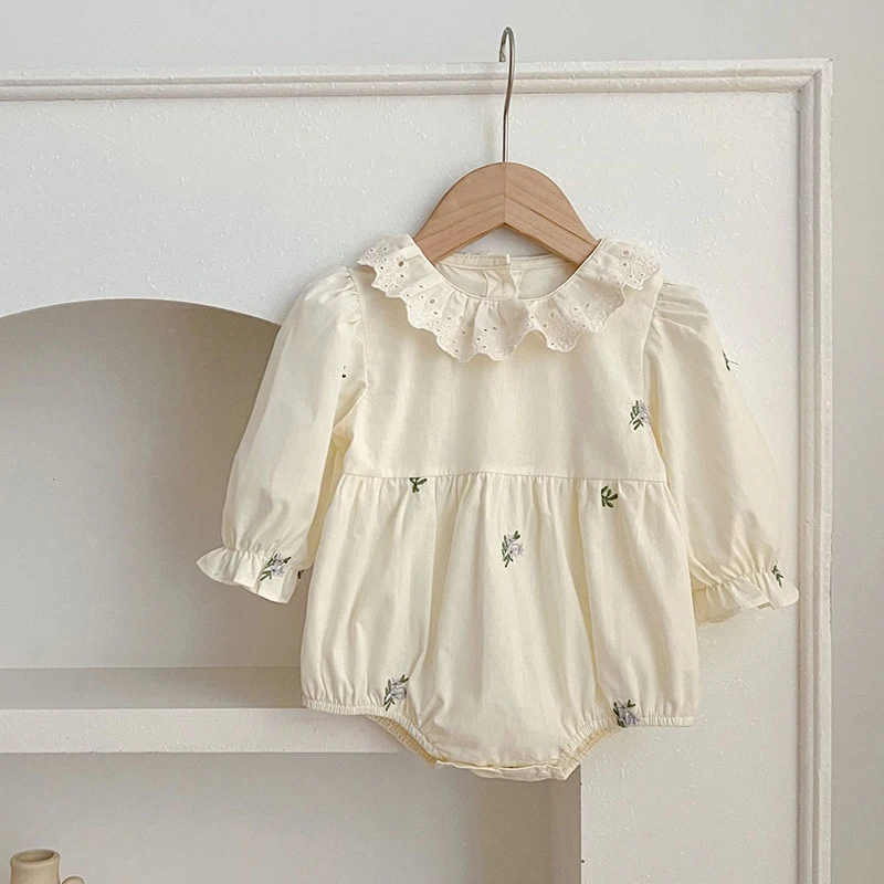 Autumn Baby Girl Clothes Spring Infant Bodysuit Lace Collar Puff Sleeve Princess One Piece Embroidered Flowers Clothing Outfits