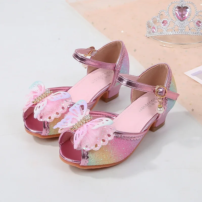 New Elegant Girl Princess Shoes Sweet Sequins Butterfly Children High Heels Sandals Fashion Versatile Open-toe Kids Party Shoes