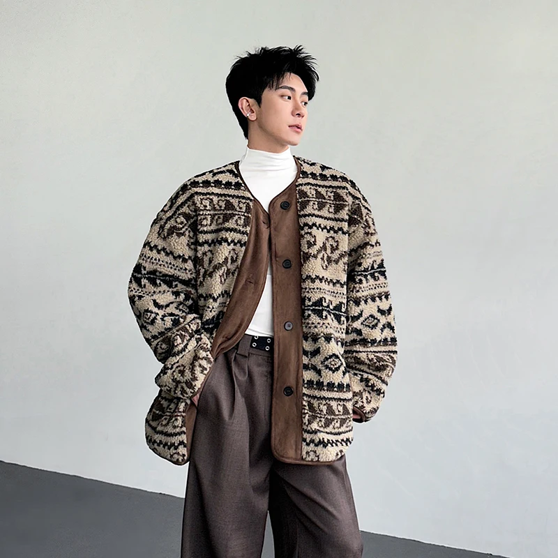 WTHT Fashion 2025 Winter Men's Fake Two-pieve Print Casual Coats Trendy Round Collar Single Breasted Jackets Male 2A2606