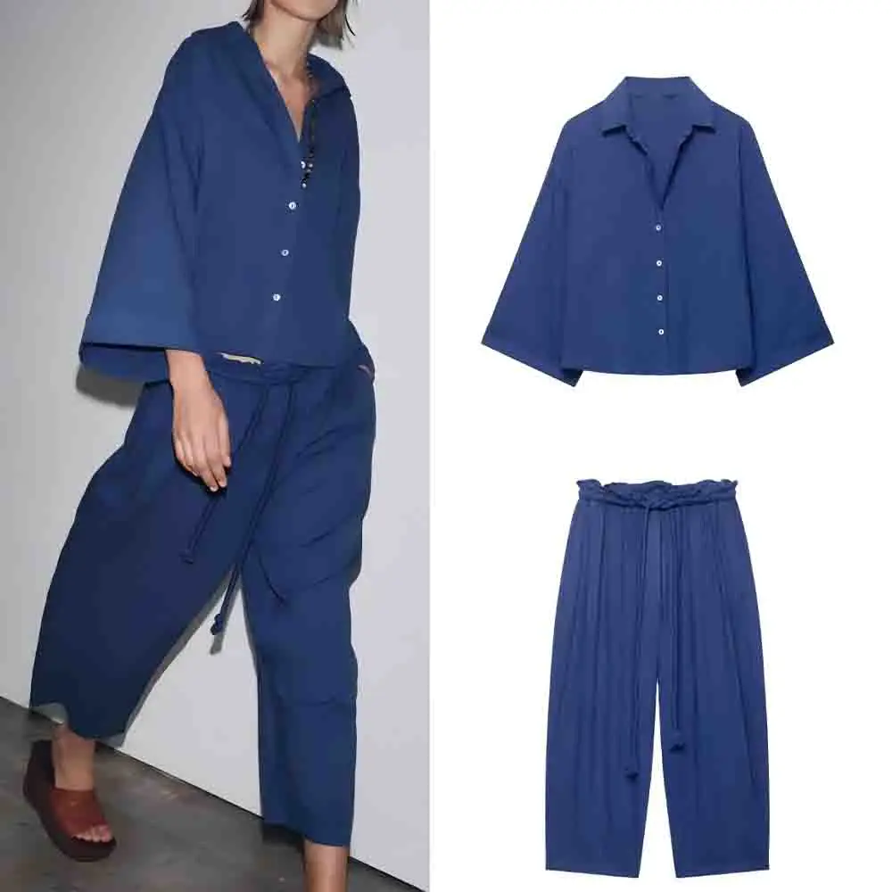 

Women's new fashion casual linen blend long sleeved shirt retro lapel Button-up women's shirt chic top+Pants suit