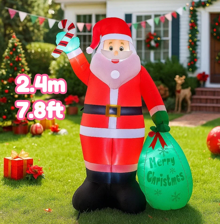 2.4M/7.8FT Christmas Decorations Inflatable Toy Santa Claus Holding Candy Cane Home Yard Xmas Ornaments LED Christmas Party Toy