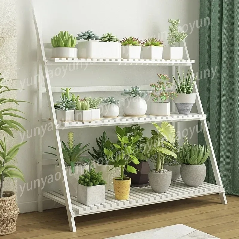 

Folding Floor To Ceiling Flower Rack Solid Wood Balcony Living Room Succulent Flower Pot Rack Indoor Multi-layer Shelf