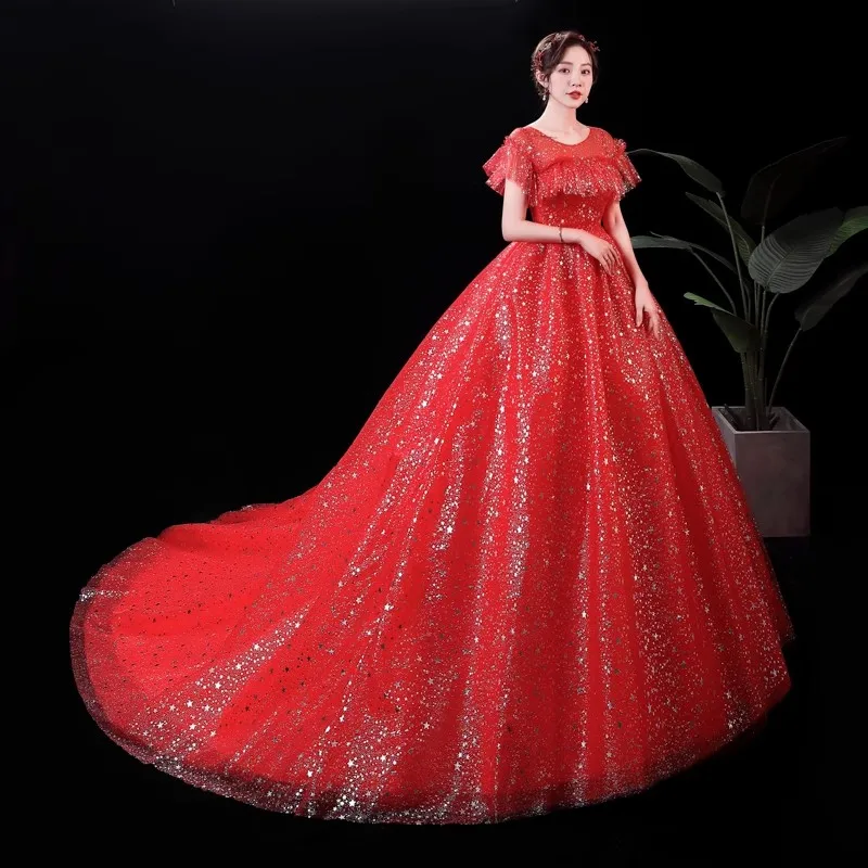 It's Yiiya Wedding Dress Red Bling Tulle O-neck Ruffles Short Sleeves Trailing Lace up Princess Plus size Bride Ball Gowns XN144