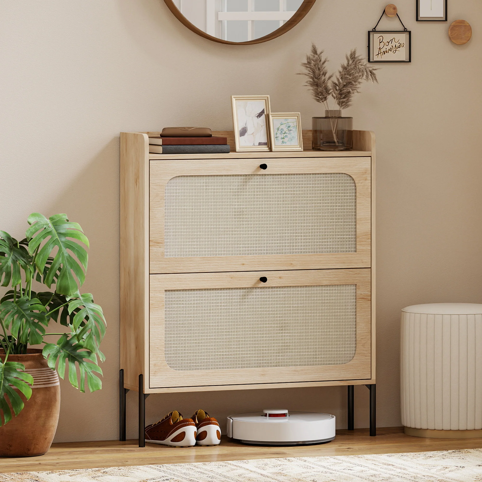 

Тумба для обуви с 2 откидными ящиками, узкий шкаф для хранения обуви в стиле бохо, дуб