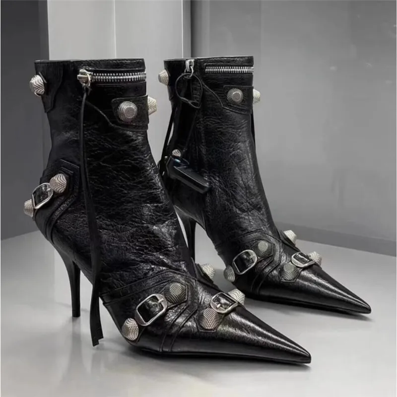 Rivet Woman Short Ankle Boots Black Side Zipper Thin Heel Women Pointed Toe Punk Motorcycle Boot