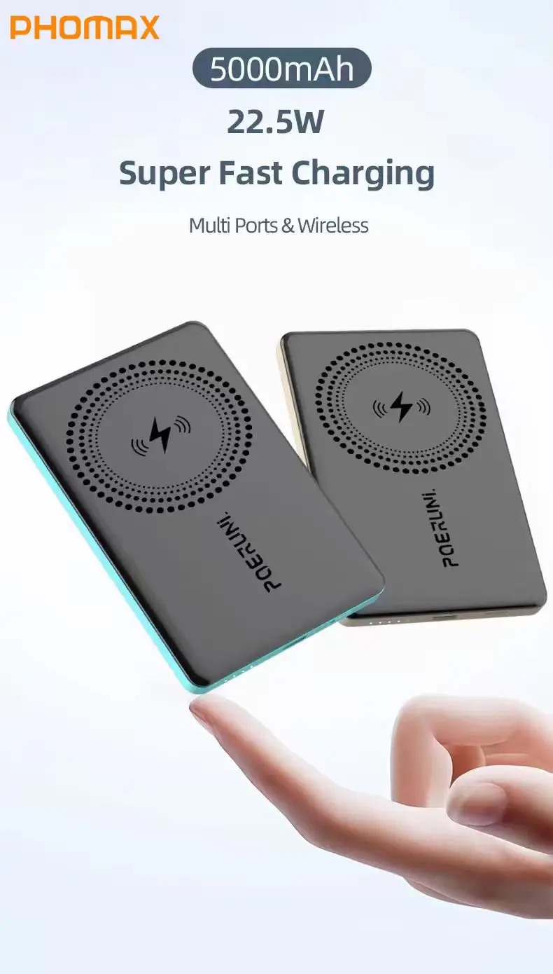 

PHOMAX 5000mAh Magnetic Wireless PowerBank 22.5W Fast Charging Portable Powerbank CE Certification For Magnetic Wireless Devices