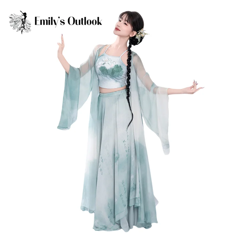 

Китайская народная танцевальная одежда, классическая женская современная сценическая одежда Hanfu, свободная струящаяся юбка, шифоновый топ с принтом лотоса, элегантный топ на бретельках