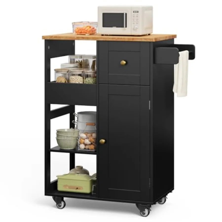 

Kitchen Island Cart on Wheels for Dining Room, Black Thickened Wood Countertop, Rolling Serving Utility Cart with Drawers, Door