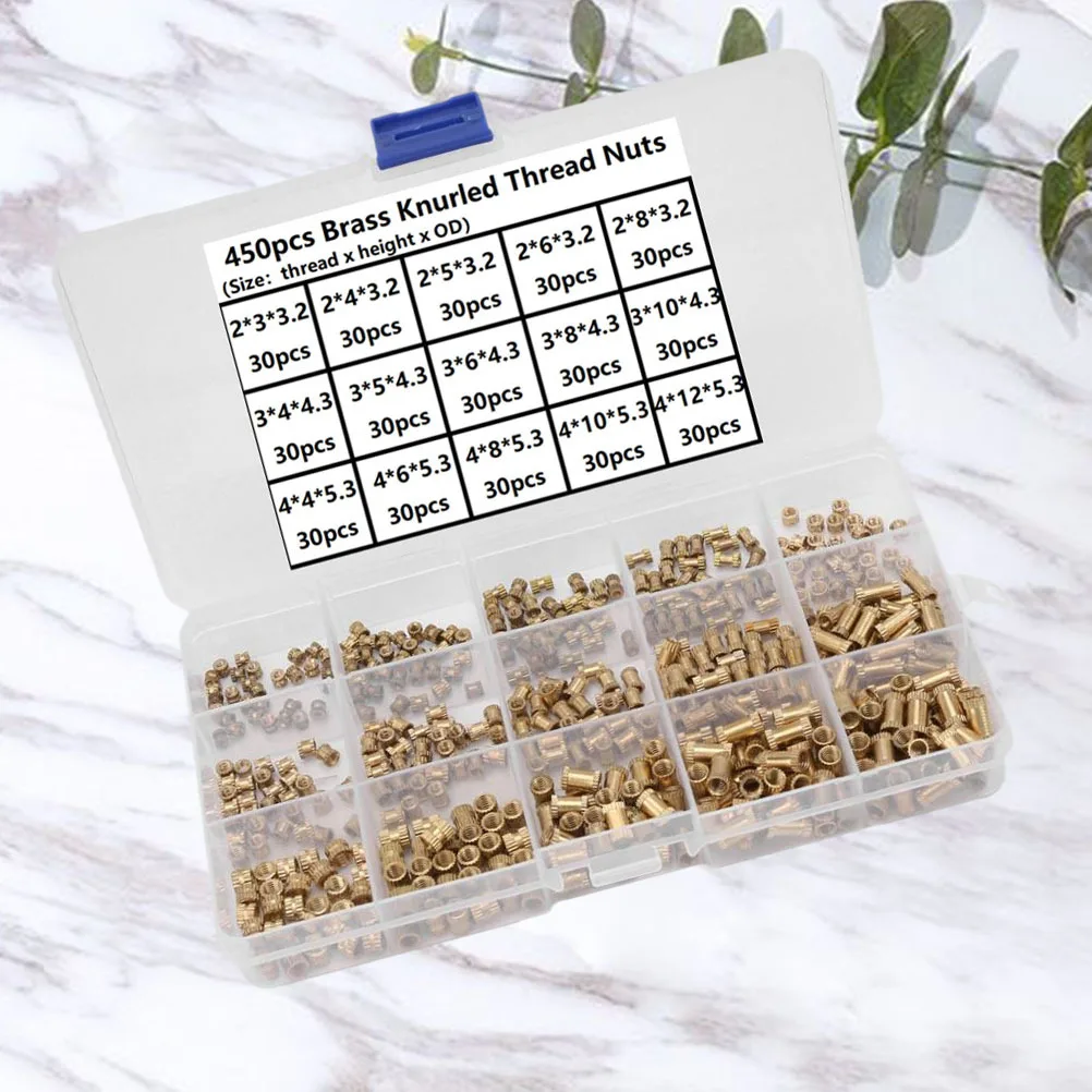 

450Pcs Brass Knurled Nut Combination Kit M2-M4 Round Insert Nuts for Plastic Shells Fastener Set Durable Multi-Use Application