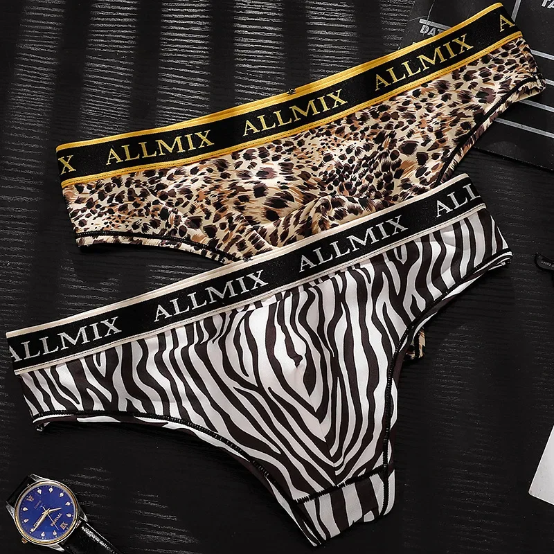 Men's Sexy Letters Wide Waist Leopard Print Sports Fitness Low Waist Thong Briefs Panties